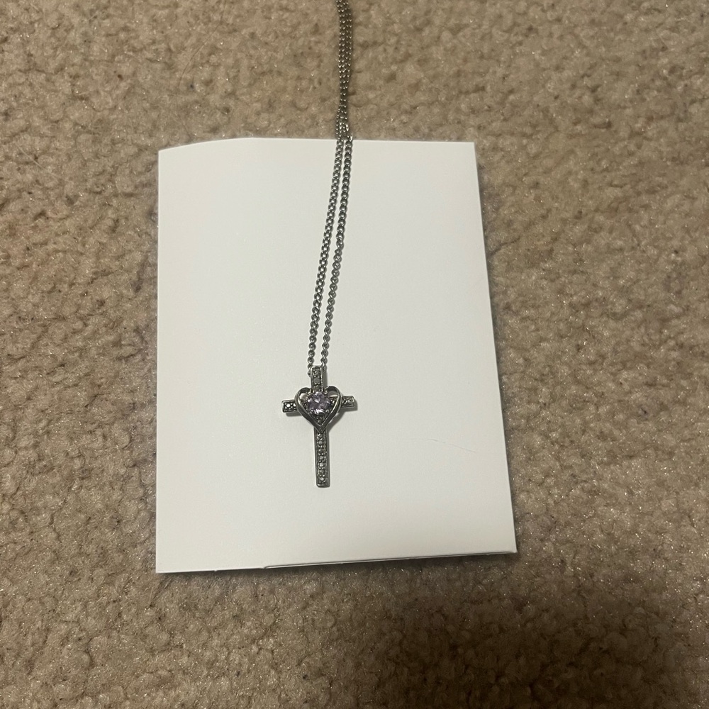 Silver Cross Necklace with Purple Gem